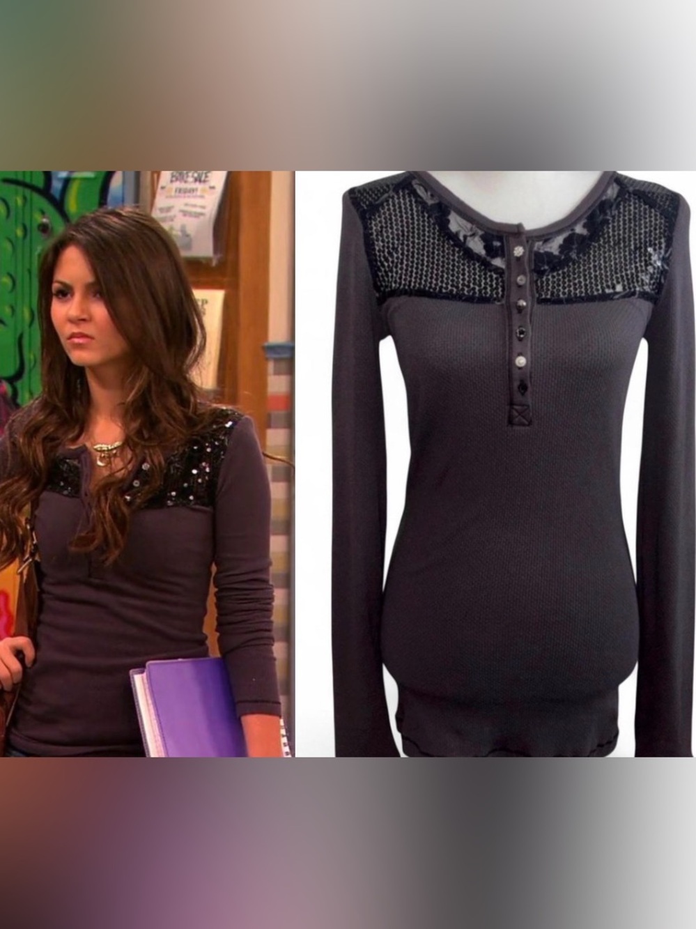 ASO tori vega victorious free people sequin & black lace purple henley top sz m